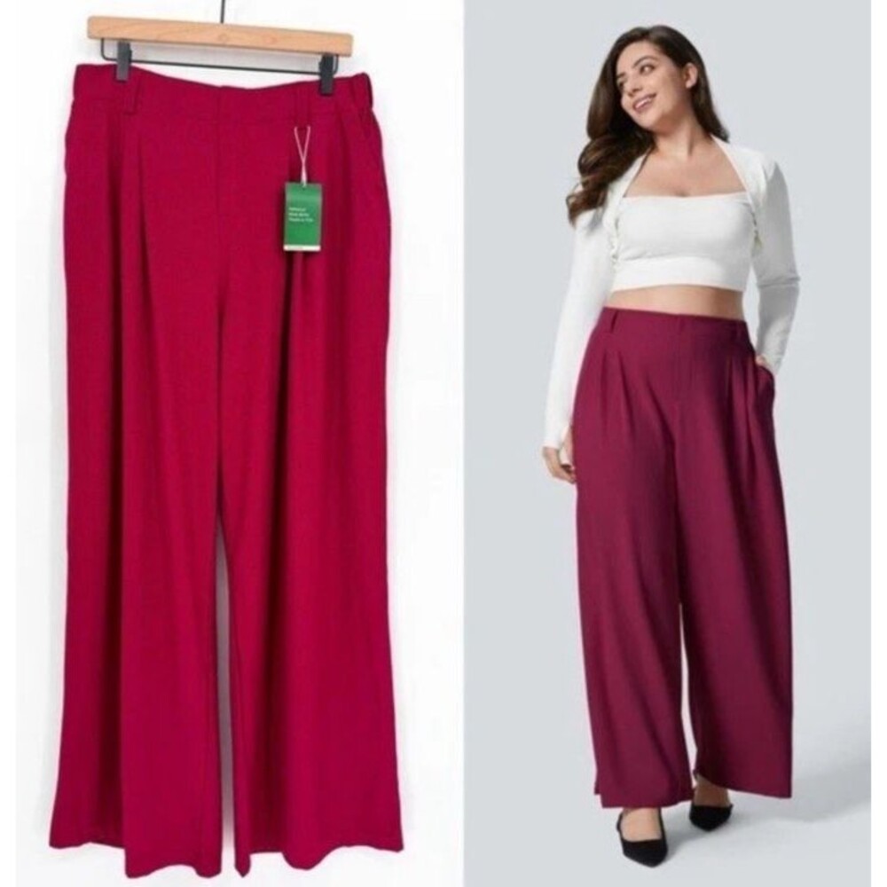 Halara Flex High Waisted Pocket Wide Leg Waffle Work Pants RED SZ L NWT